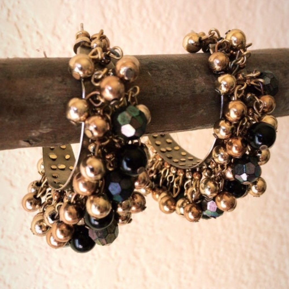 Vintage multi colored metal beaded gold hoops